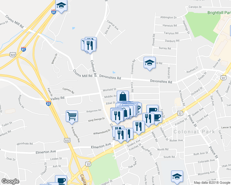 map of restaurants, bars, coffee shops, grocery stores, and more near 4321 Winfield Street in Harrisburg