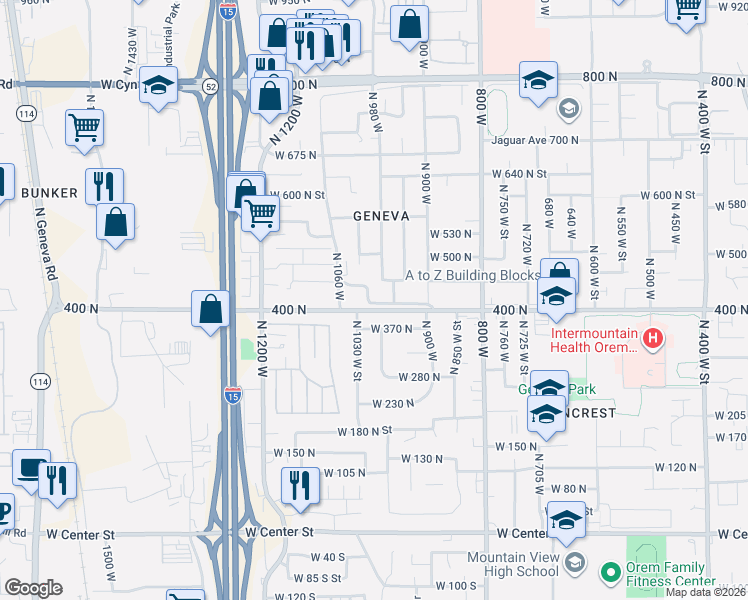 map of restaurants, bars, coffee shops, grocery stores, and more near 1024 400 North in Orem