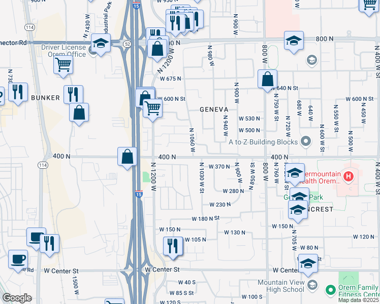 map of restaurants, bars, coffee shops, grocery stores, and more near 428 North 1080 West in Orem