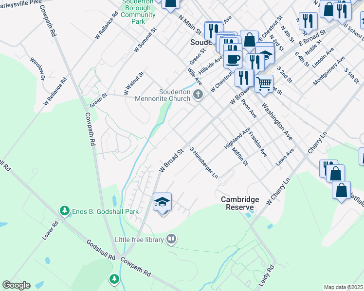 map of restaurants, bars, coffee shops, grocery stores, and more near 283 West Broad Street in Souderton