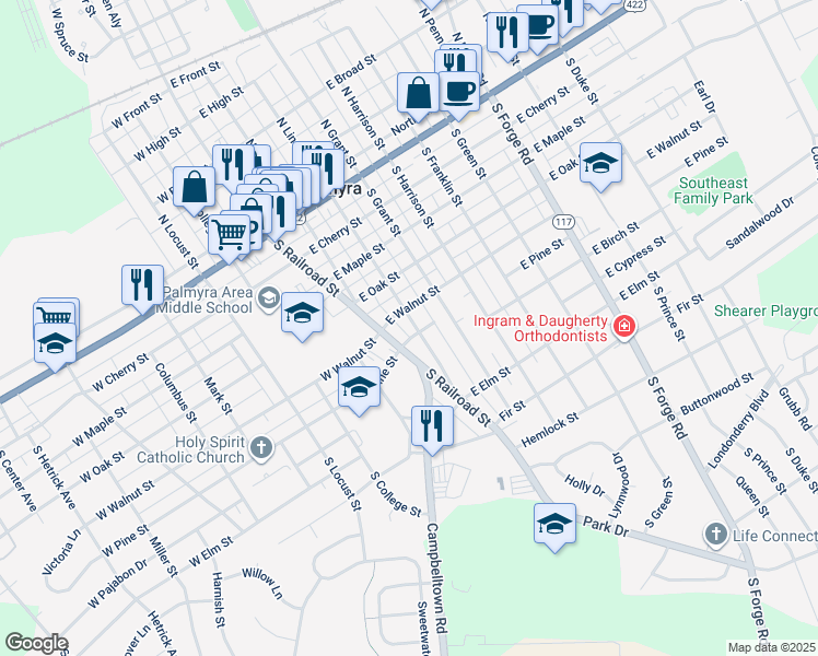 map of restaurants, bars, coffee shops, grocery stores, and more near 410 South Lincoln Street in Palmyra