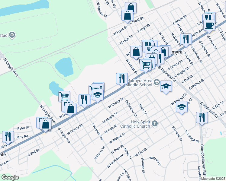 map of restaurants, bars, coffee shops, grocery stores, and more near 417 West Main Street in Palmyra