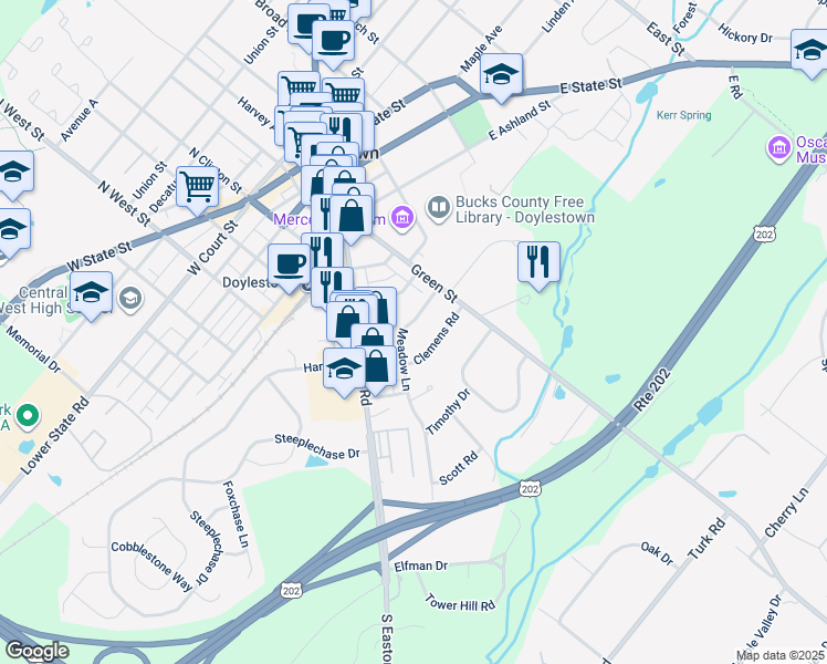 map of restaurants, bars, coffee shops, grocery stores, and more near 52 Meadow Lane in Doylestown