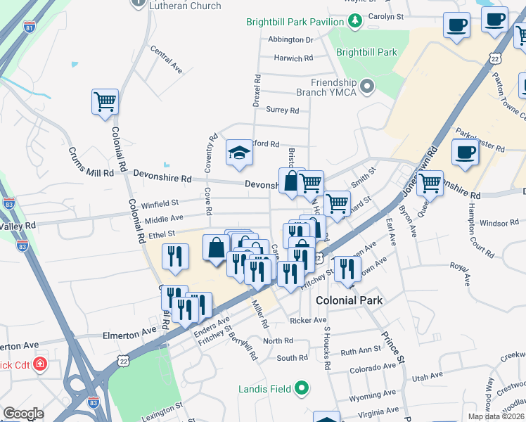 map of restaurants, bars, coffee shops, grocery stores, and more near 200 Care Street in Harrisburg