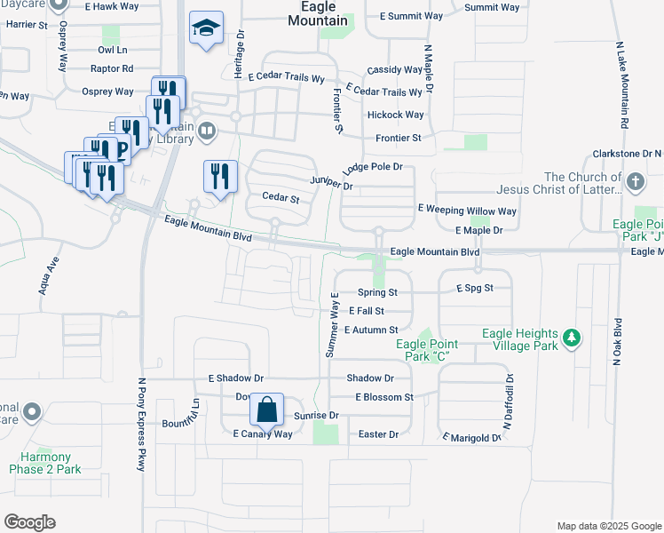 map of restaurants, bars, coffee shops, grocery stores, and more near 3955 Summer Way East in Eagle Mountain