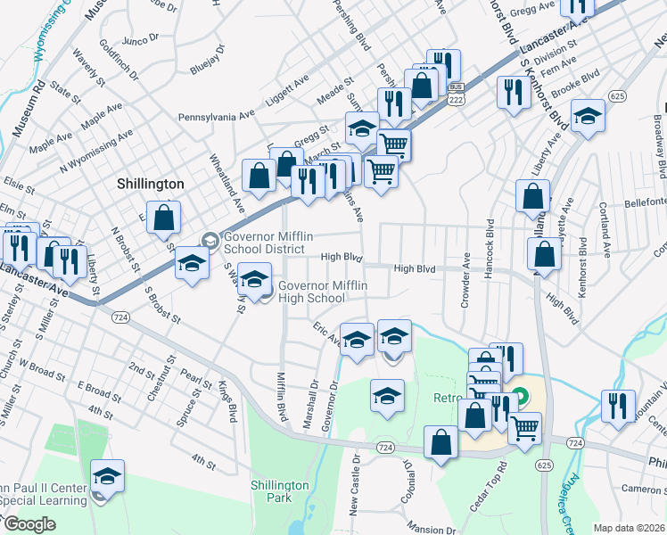 map of restaurants, bars, coffee shops, grocery stores, and more near 103 Lee Avenue in Reading