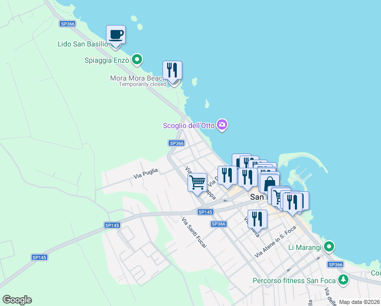 map of restaurants, bars, coffee shops, grocery stores, and more near 12 Via Giuseppe Verdi in San Foca