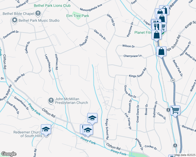 map of restaurants, bars, coffee shops, grocery stores, and more near 161 Old Village Lane in Bethel Park