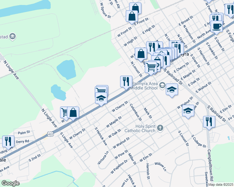map of restaurants, bars, coffee shops, grocery stores, and more near 417 West Main Street in Palmyra