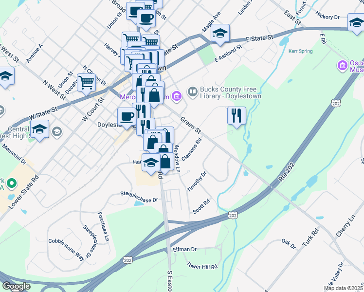 map of restaurants, bars, coffee shops, grocery stores, and more near 52 Meadow Lane in Doylestown