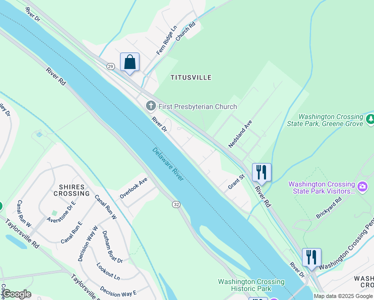map of restaurants, bars, coffee shops, grocery stores, and more near 80 River Drive in Hopewell Township