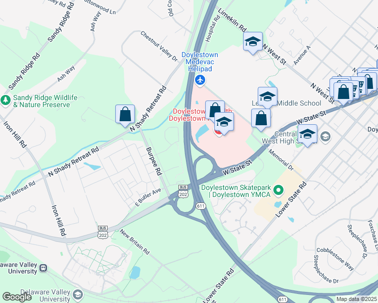 map of restaurants, bars, coffee shops, grocery stores, and more near Doylestown Bypass in Doylestown