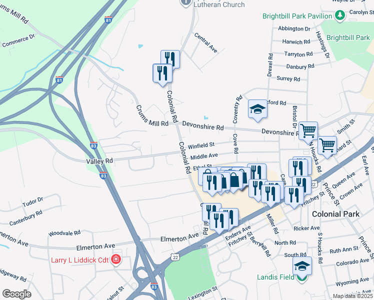 map of restaurants, bars, coffee shops, grocery stores, and more near 317 Colonial Road in Harrisburg