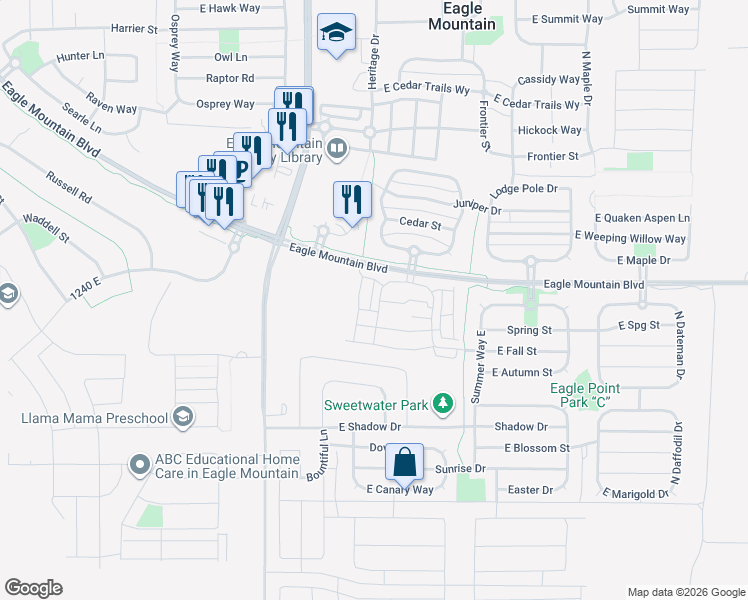 map of restaurants, bars, coffee shops, grocery stores, and more near 1754 East Skyline Drive in Eagle Mountain