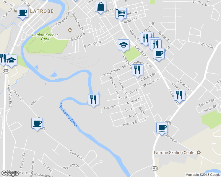 map of restaurants, bars, coffee shops, grocery stores, and more near 2126 Knox Avenue in Latrobe