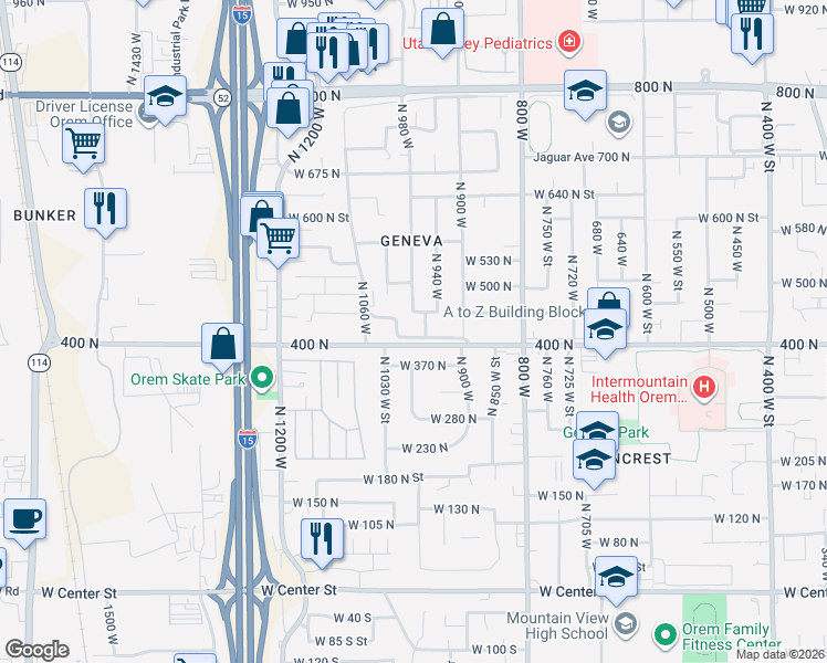 map of restaurants, bars, coffee shops, grocery stores, and more near 1004 West 400 North in Orem
