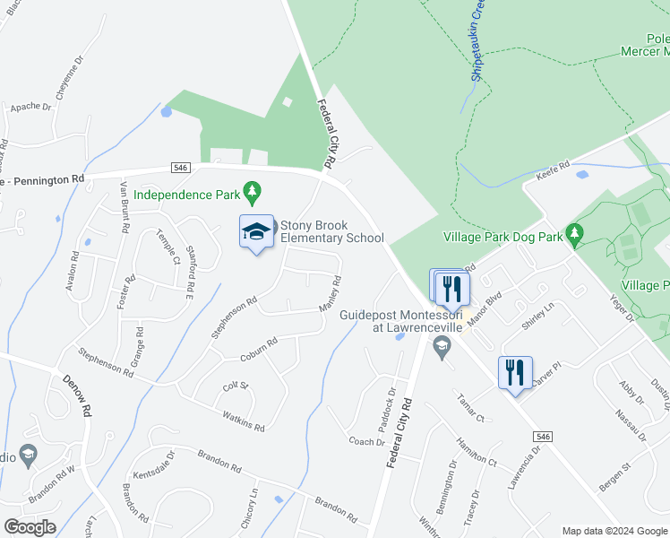 map of restaurants, bars, coffee shops, grocery stores, and more near 25 Fanning Way in Pennington