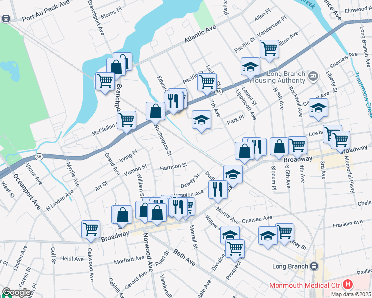 map of restaurants, bars, coffee shops, grocery stores, and more near 506 Lafayette Street in Long Branch