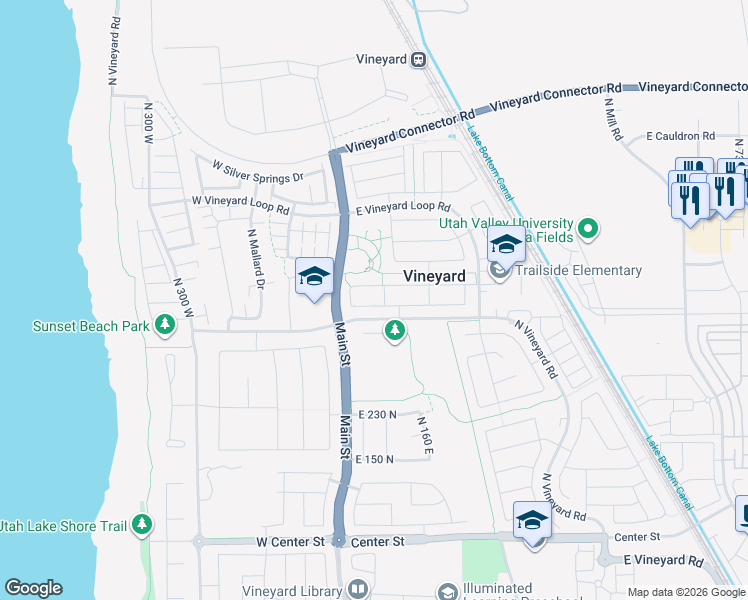map of restaurants, bars, coffee shops, grocery stores, and more near 65 East 425 North in Vineyard