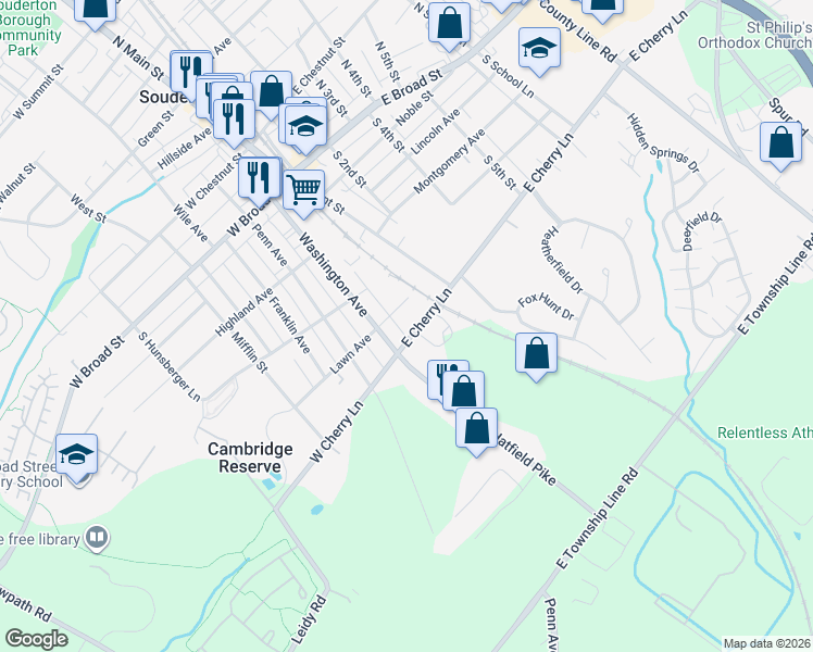 map of restaurants, bars, coffee shops, grocery stores, and more near 3 East Cherry Lane in Souderton