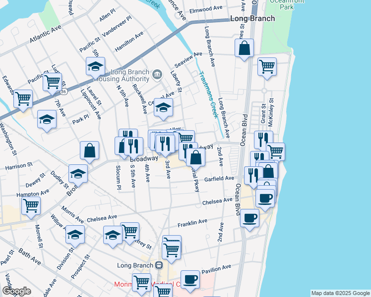 map of restaurants, bars, coffee shops, grocery stores, and more near 173 Broadway in Long Branch