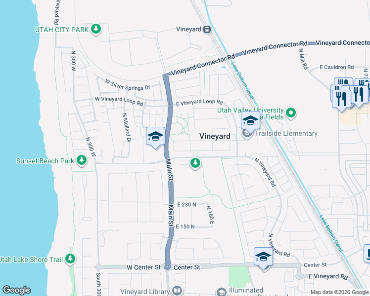 map of restaurants, bars, coffee shops, grocery stores, and more near 65 East 425 North in Vineyard
