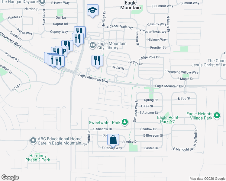 map of restaurants, bars, coffee shops, grocery stores, and more near 1792 East Skyline Drive in Eagle Mountain