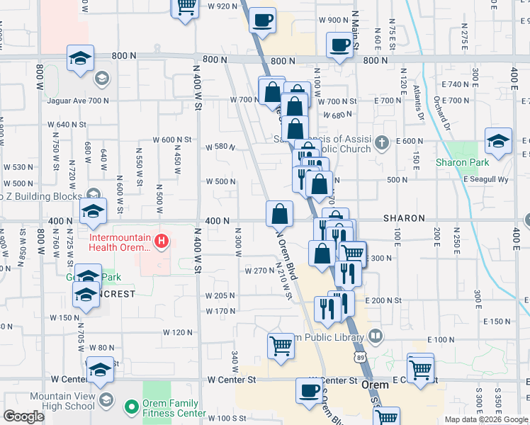 map of restaurants, bars, coffee shops, grocery stores, and more near 413 North Orem Boulevard in Orem