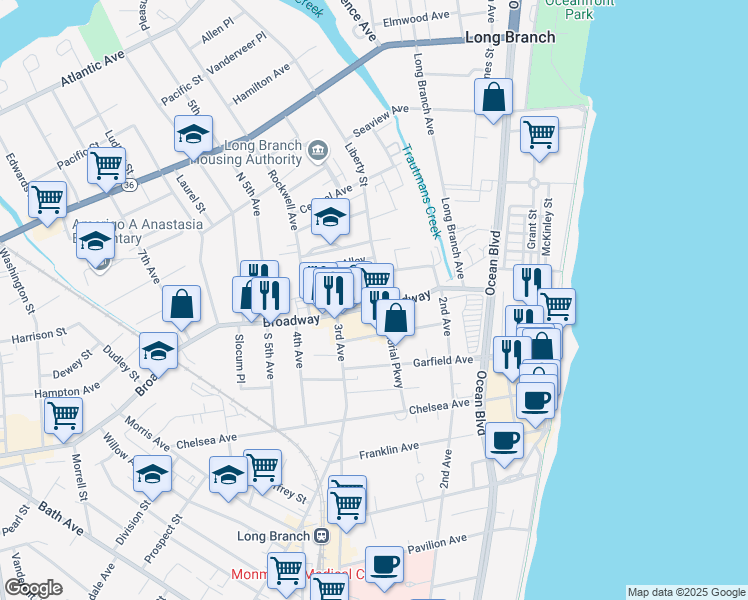 map of restaurants, bars, coffee shops, grocery stores, and more near 173 Broadway in Long Branch