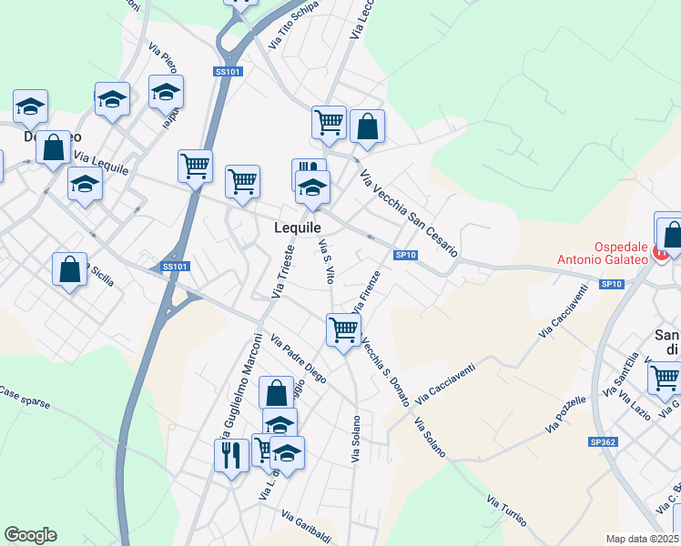 map of restaurants, bars, coffee shops, grocery stores, and more near 59 Via Giacomo Matteotti in Lequile