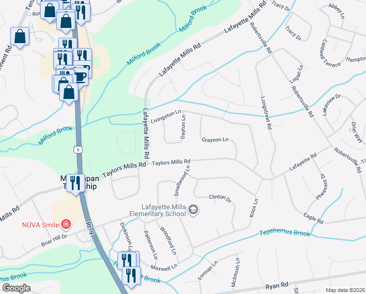 map of restaurants, bars, coffee shops, grocery stores, and more near 22 Dayton Lane in Manalapan Township