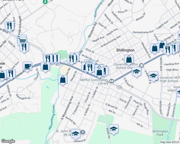 map of restaurants, bars, coffee shops, grocery stores, and more near 207 West Lancaster Avenue in Reading