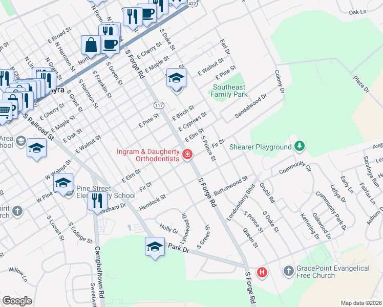 map of restaurants, bars, coffee shops, grocery stores, and more near 880 South Forge Road in Palmyra