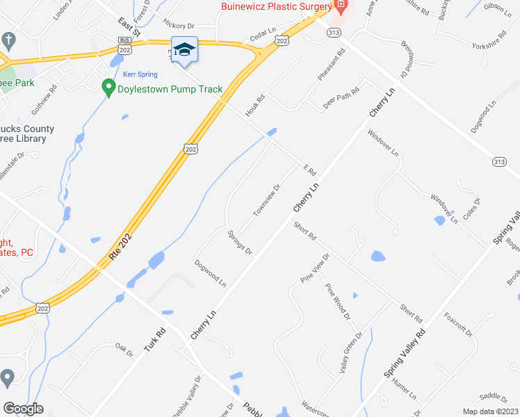 map of restaurants, bars, coffee shops, grocery stores, and more near 61 Townview Drive in Doylestown