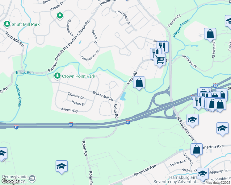 map of restaurants, bars, coffee shops, grocery stores, and more near 313 Fawn Ridge North in Harrisburg