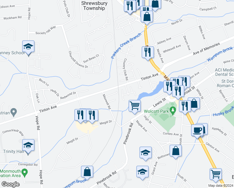 map of restaurants, bars, coffee shops, grocery stores, and more near 38 Taylor Place in Eatontown
