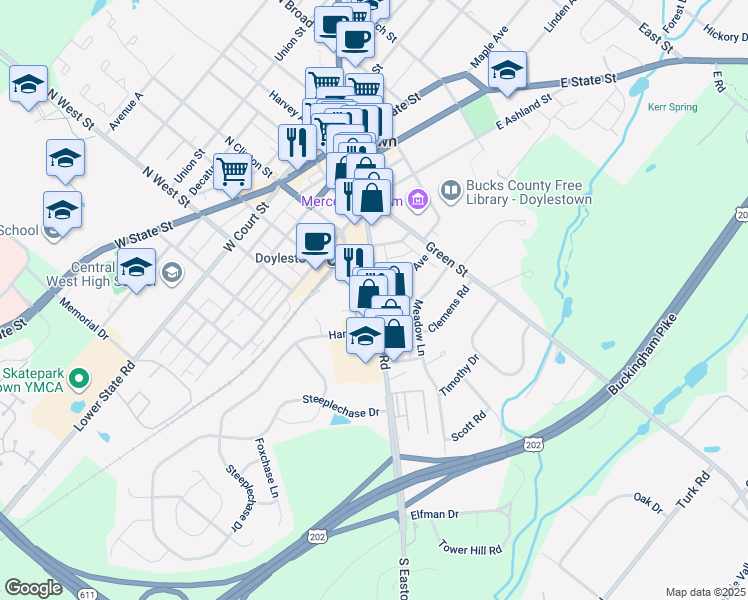 map of restaurants, bars, coffee shops, grocery stores, and more near 216 South Main Street in Doylestown