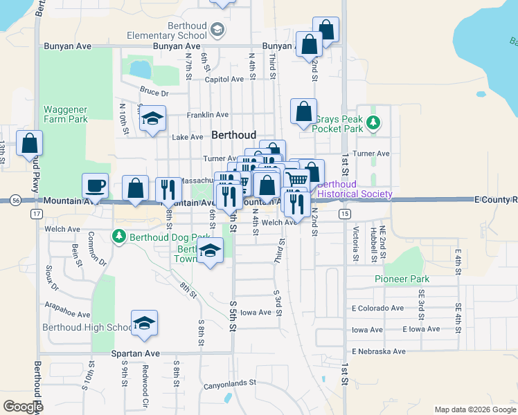 map of restaurants, bars, coffee shops, grocery stores, and more near 357 Mountain Avenue in Berthoud