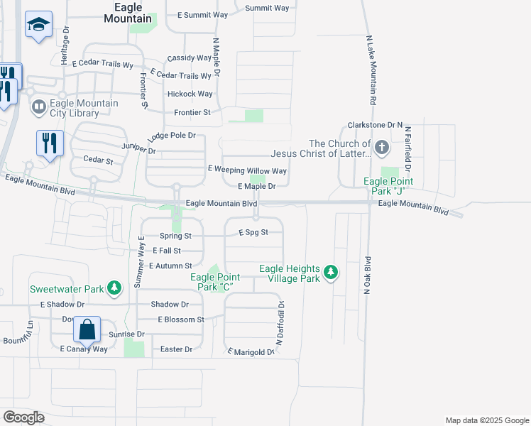 map of restaurants, bars, coffee shops, grocery stores, and more near 2371 East Cobble Creek Lane in Eagle Mountain