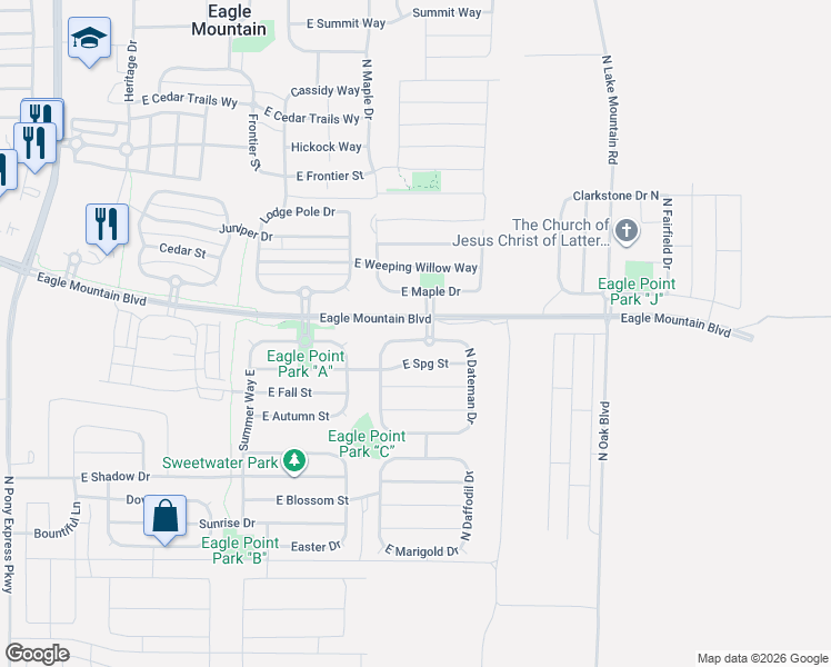 map of restaurants, bars, coffee shops, grocery stores, and more near 2353 Spring Street in Eagle Mountain