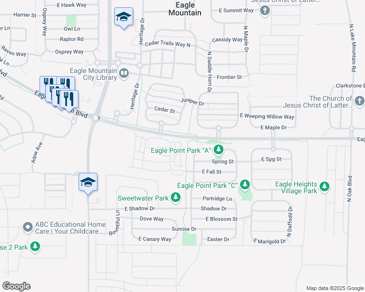 map of restaurants, bars, coffee shops, grocery stores, and more near 3955 Summer Way East in Eagle Mountain