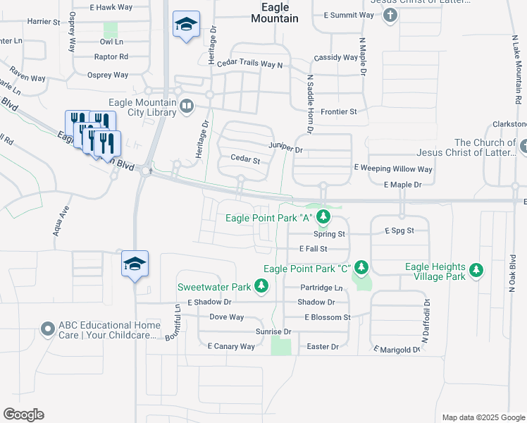 map of restaurants, bars, coffee shops, grocery stores, and more near 1844 North Cosmos Drive in Eagle Mountain