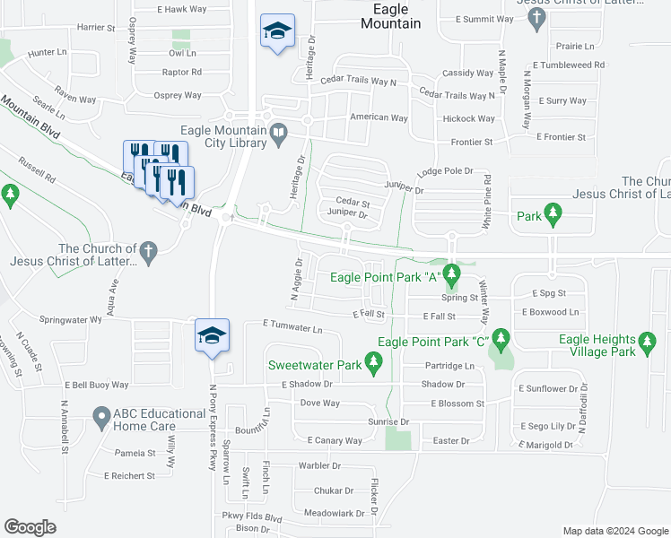 map of restaurants, bars, coffee shops, grocery stores, and more near 1792 East Skyline Drive in Eagle Mountain
