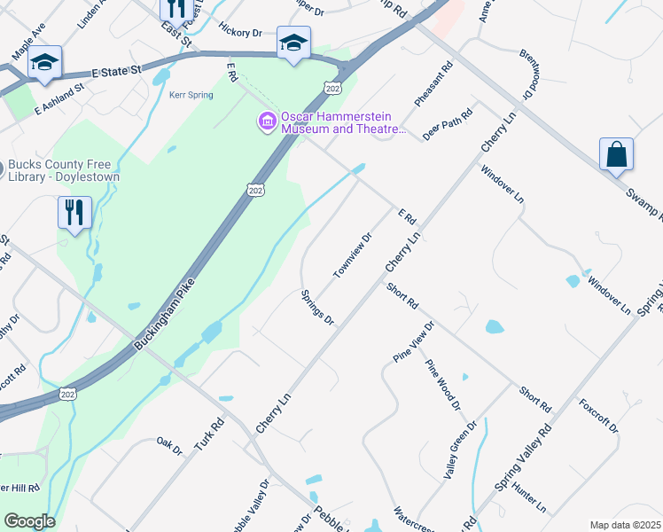 map of restaurants, bars, coffee shops, grocery stores, and more near 50 Townview Drive in Doylestown