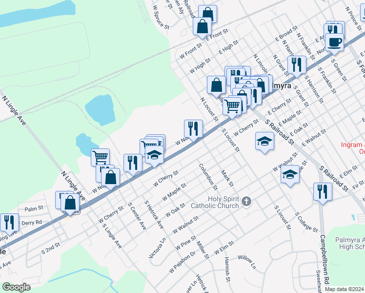 map of restaurants, bars, coffee shops, grocery stores, and more near 417 West Main Street in Palmyra