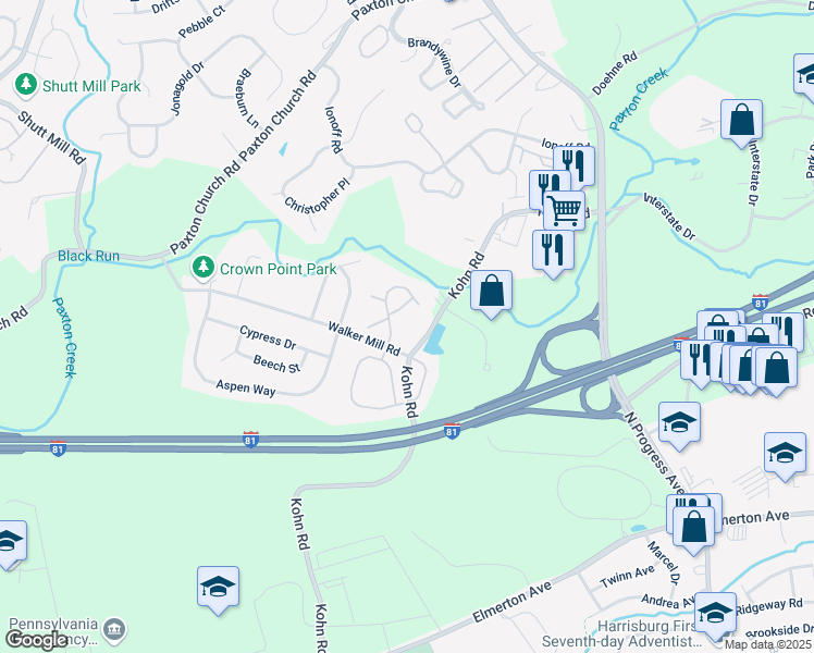 map of restaurants, bars, coffee shops, grocery stores, and more near 313 Fawn Ridge North in Harrisburg