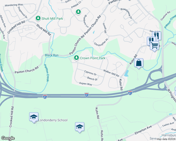 map of restaurants, bars, coffee shops, grocery stores, and more near 2410 Walker Mill Road in Harrisburg