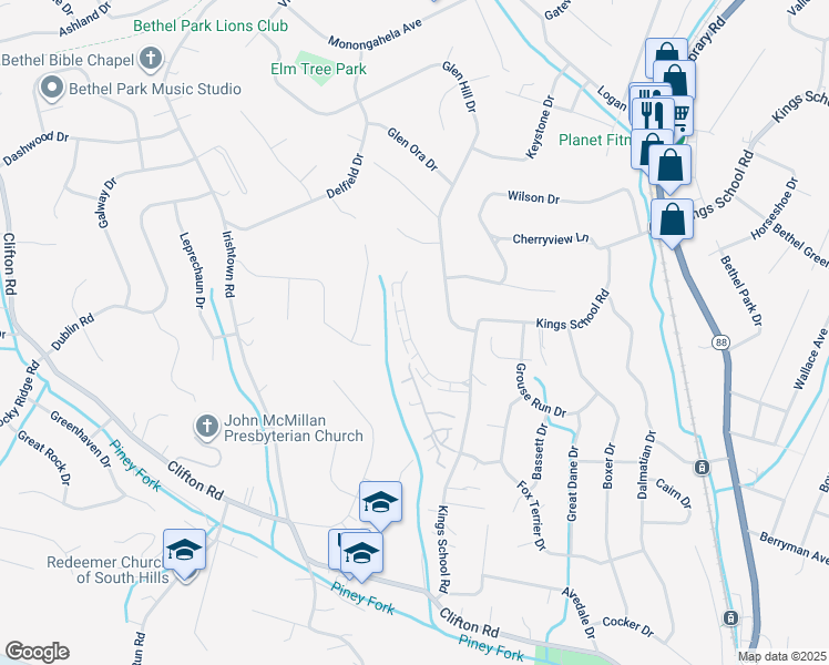 map of restaurants, bars, coffee shops, grocery stores, and more near 169 Old Village Lane in Bethel Park