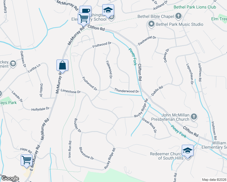 map of restaurants, bars, coffee shops, grocery stores, and more near 227 Thunderwood Drive in Bethel Park