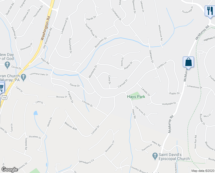 map of restaurants, bars, coffee shops, grocery stores, and more near 299 Carmell Drive in Pittsburgh